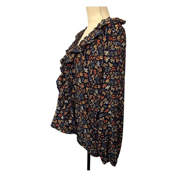 Mazik Large Floral Print Navy Ruffle Blouse Peasant Long Sleeve  Boho Hi Low - Picture 9 of 9
